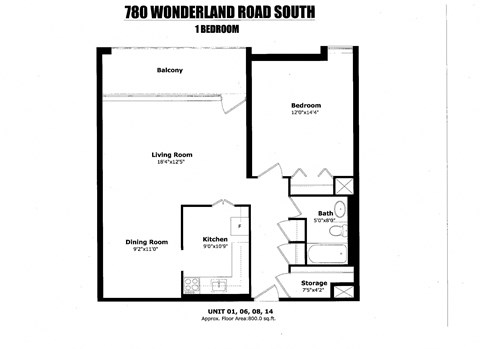 Floor plan for 1 bed, 1 bath, 800 sqft